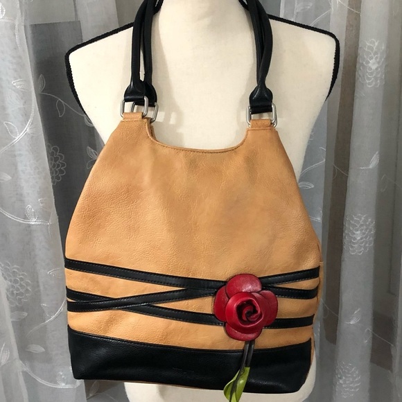 Espe handbag brown and  black with red flower - Picture 1 of 14